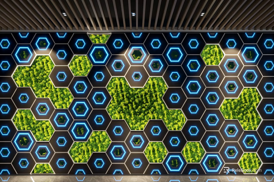 Living Plant Wall With Hexagonal Blue Frames And Geometric Greenery In Indoor Space 3d model 