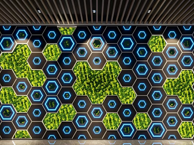 Living Plant Wall With Hexagonal Blue Frames And Geometric Greenery In Indoor Space 3d model
