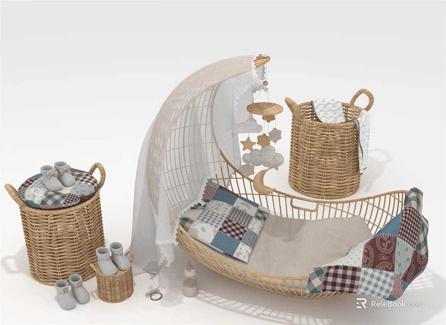 Wicker Baby Crib With Plaid Mattress White Canopy And Wicker Baskets 3d model 