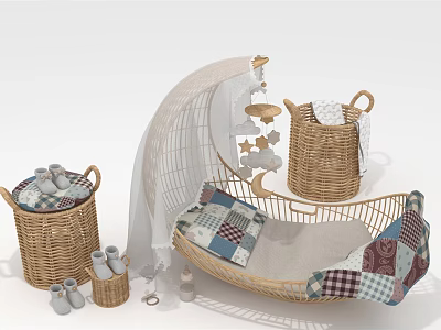 Wicker Baby Crib With Plaid Mattress White Canopy And Wicker Baskets 3d model