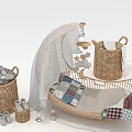 Wicker Baby Crib With Plaid Mattress White Canopy And Wicker Baskets