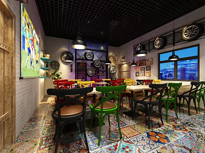 Colorful Tiled Floor Café Interior With Multi Colored Chairs Decorative Paintings Pendant Lights And Windows 3d model