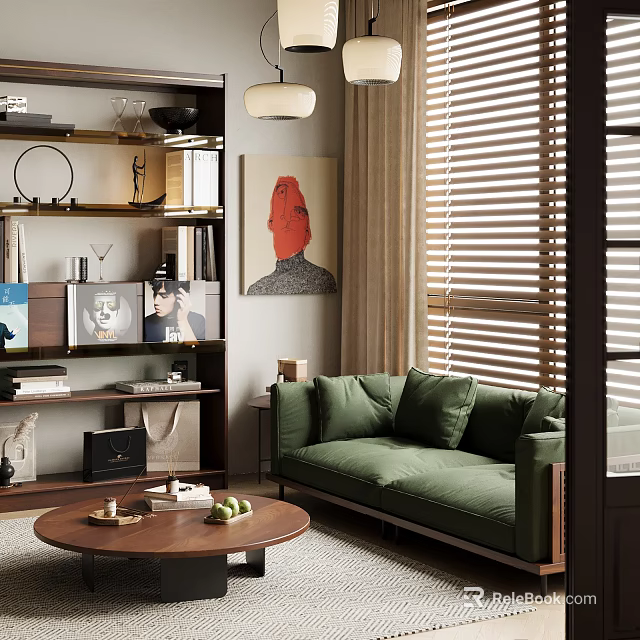 Modern Green Sofa And Round Coffee Table Set With Blinds Bookshelf Decorative Painting 3d model 