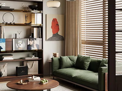 Modern Green Sofa And Round Coffee Table Set With Blinds Bookshelf Decorative Painting 3d model