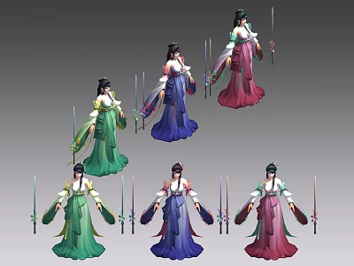 Game Movie Female Characters In Traditional Costumes With Swords And Colorful Outfits 3d model
