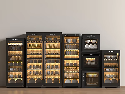 Modern Kitchen Storage Appliances with Black Cabinets Glass Doors and Illuminated Shelves for Dishes and Glasses 3d model