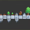 Green Christmas Tree Plants in Wintery 3D Scene with Snow Blocks Gifts Candy Canes Snowmen