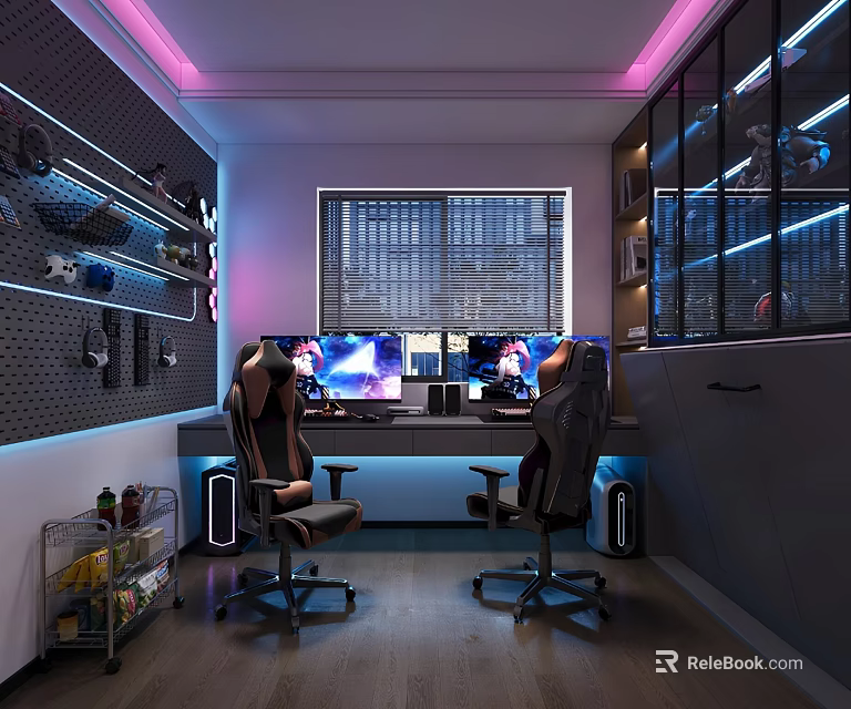 Modern Gaming Entertainment Room With Dual Monitors Gaming Chairs Purple Lighting And Wall Accessories 3d model 