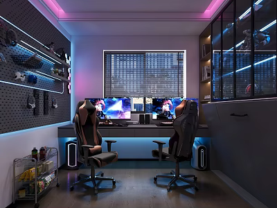 Modern Gaming Entertainment Room With Dual Monitors Gaming Chairs Purple Lighting And Wall Accessories 3d model