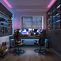 Modern Gaming Entertainment Room With Dual Monitors Gaming Chairs Purple Lighting And Wall Accessories