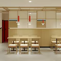 Red And White Themed Restaurant Interior With Tables Chairs Counter Hanging Lights And Menu Boards