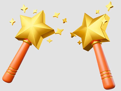 Decorative Ornament Set with Golden Star Shaped Magic Wands Orange Handles and Small Stars Around 3d model
