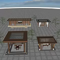 Modern Outdoor Square-Shaped Pavilions with Glass Roofs and Wooden Structures in Courtyard