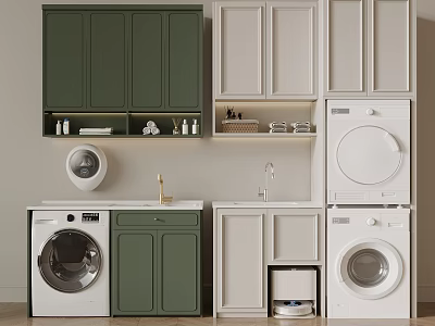 Bathroom Cabinets With Green And White Design Storage Solutions And Modern Washing Machines 3d model