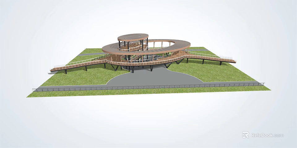 Roadside Circular Observation Platform With Wooden Walkway Green Lawn And Support Structure 3d model