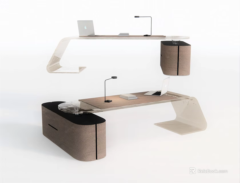 Modern Office Desk With Sleek Wooden Desktop Laptop And Adjustable Desk Lamp 3d model 