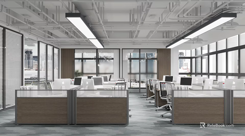 Modern Public Office Space Interior With Open Workstations Computers Large Windows And Ceiling Lights 3d model