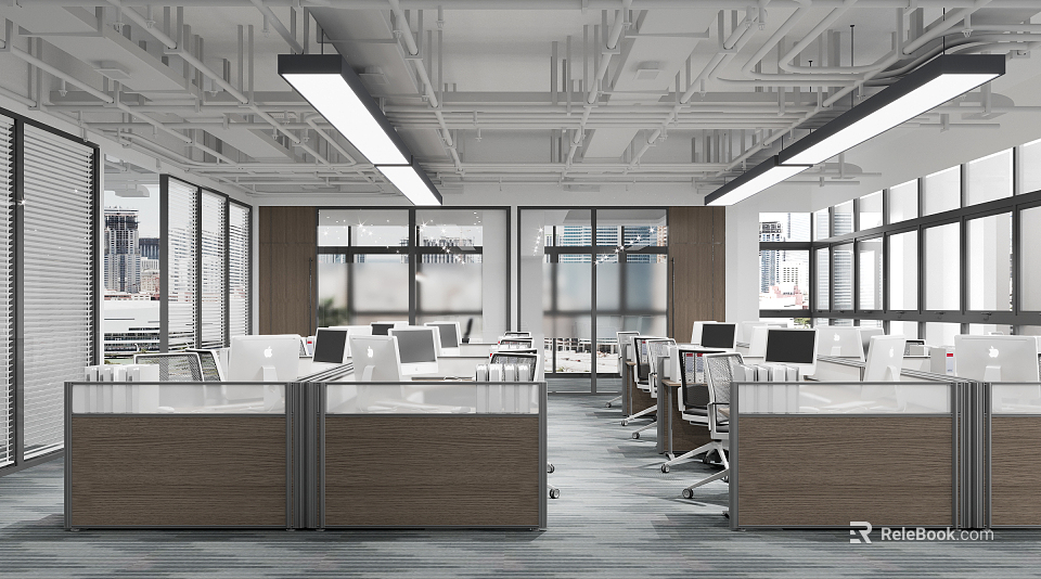 Modern Public Office Space Interior With Open Workstations Computers Large Windows And Ceiling Lights 3d model 
