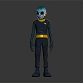 Sci Fi Alien Character With Blue Head Large Goggles Black Bodysuit Yellow Belt And Stripes
