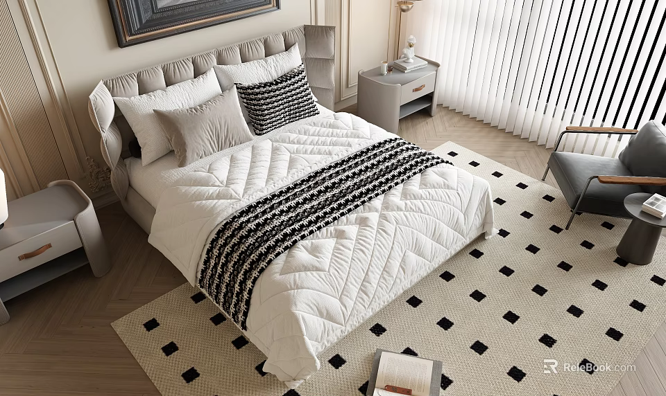 Cozy Double Bed Featuring White Quilt Striped Blanket Pillows Nightstand Lamp And Area Rug 3d model 