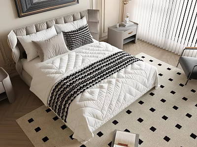 Cozy Double Bed Featuring White Quilt Striped Blanket Pillows Nightstand Lamp And Area Rug 3d model