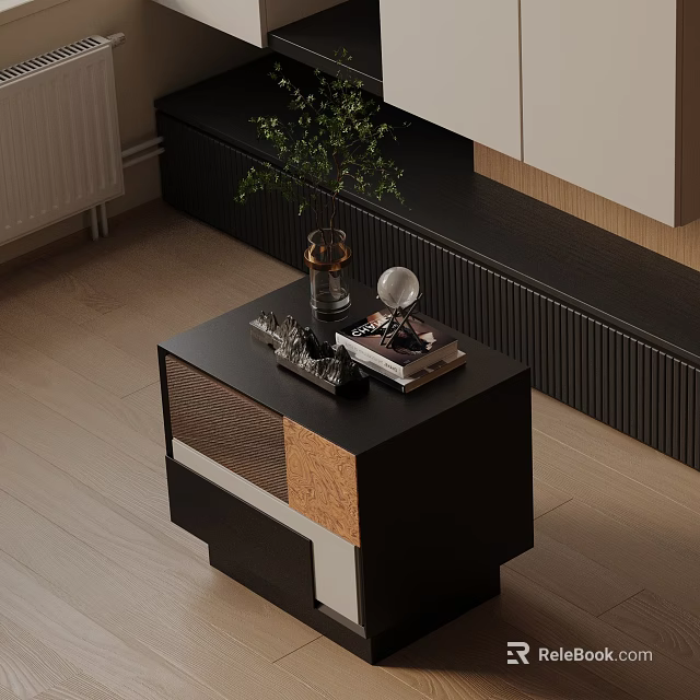 Modern Black Nightstand With Sleek Design Plant Vase Books And Decor Items 3d model 