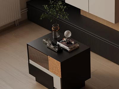 Modern Black Nightstand With Sleek Design Plant Vase Books And Decor Items 3d model