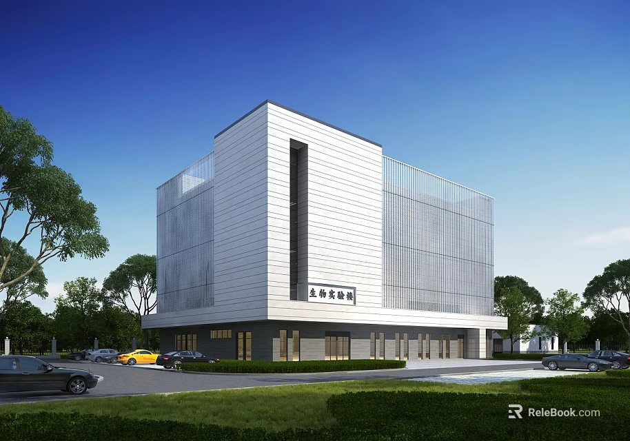 Modern White Office Building Featuring Glass Curtain Walls Surrounded By Trees Lawn And Parking Area 3d model 