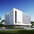 Modern White Office Building Featuring Glass Curtain Walls Surrounded By Trees Lawn And Parking Area