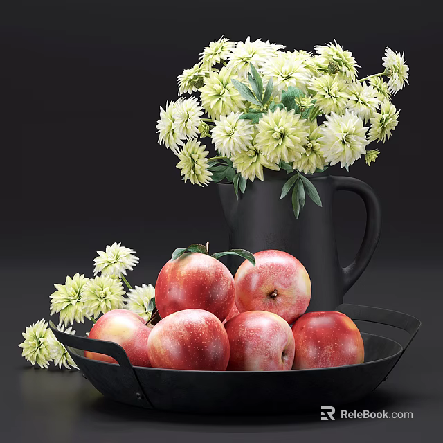 Fresh Red Peaches Arranged in Black Tray with White Flowers and Black Pitcher 3d model 