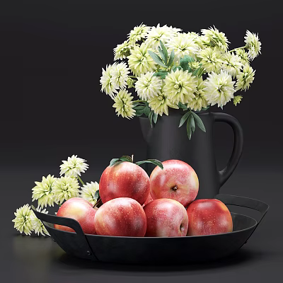 Fresh Red Peaches Arranged in Black Tray with White Flowers and Black Pitcher 3d model Fresh Red Peaches Arranged in Black Tray with White Flowers and Black Pitcher 3d model