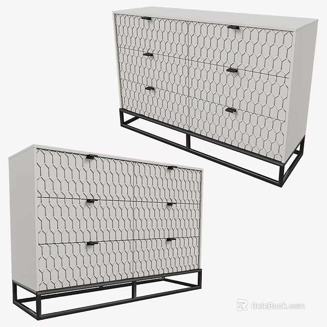 Modern Entryway Cabinet And Side Cabinet With Geometric Pattern Doors Drawer Storage Black Metal Legs 3d model 