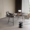 Modern Black Desk With Table Lamp Books Two Chairs And Small Stool By Window
