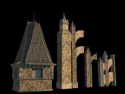 Ancient Architecture Stone Brick Structures With Steep Roof Tower And Arched Gateways 3d model