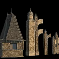 Ancient Architecture Stone Brick Structures With Steep Roof Tower And Arched Gateways 3d model