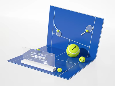 2024 ASIAWORLD Tennis Themed Photo Spot with Blue Background Tennis Rackets and Balls 3d model