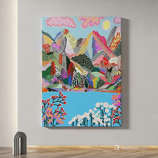 Colorful Abstract Painting With Vibrant Mountains Water Sky Sun And Floral Elements 3d model 