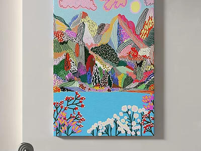Colorful Abstract Painting With Vibrant Mountains Water Sky Sun And Floral Elements 3d model