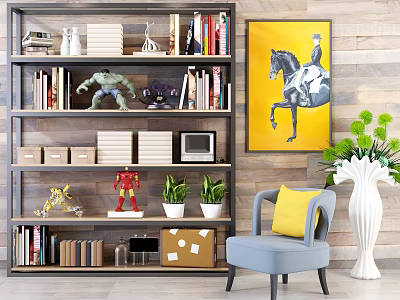 Stylish Bookshelf Interior With Books Decorations Potted Plants Yellow Cushion And Blue Armchair 3d model