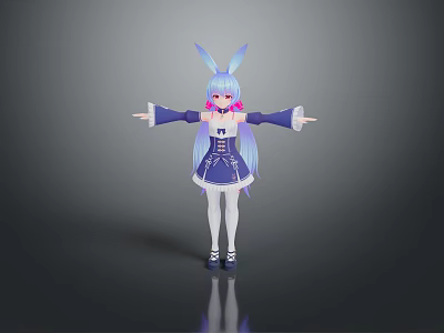 Cute Child Cartoon Character With Rabbit Ears Purple Hair And Blue White Dress Arms Outstretched 3d model