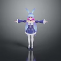 Cute Child Cartoon Character With Rabbit Ears Purple Hair And Blue White Dress Arms Outstretched