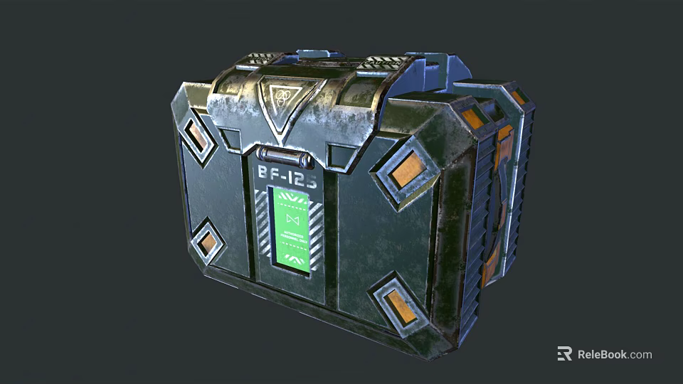 Futuristic Metallic Storage Case With Green Digital Display And Orange Accents 3d model 