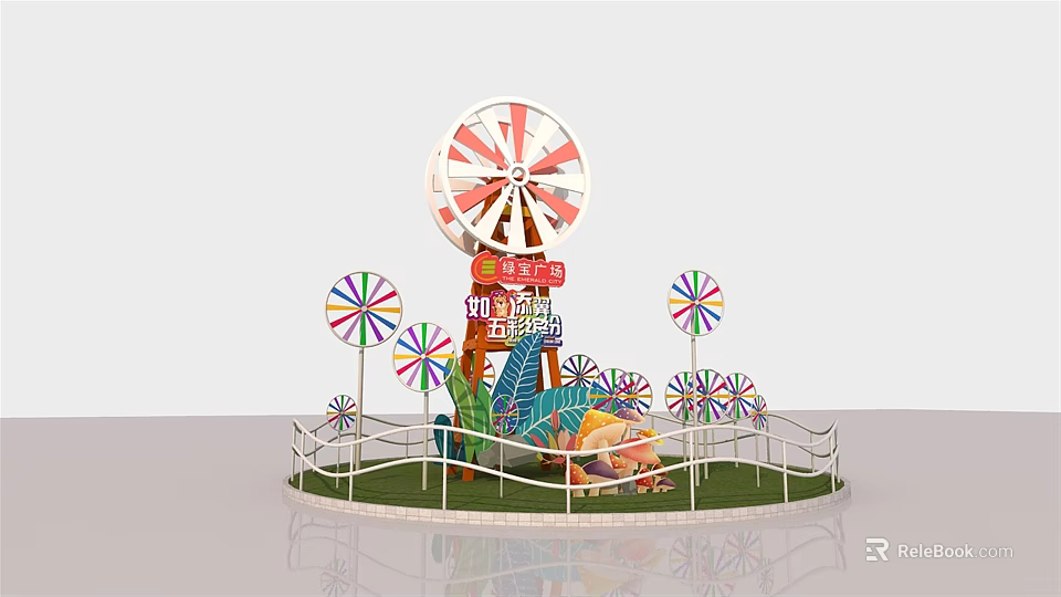 Check in Photo Spot With Ferris Wheel Shaped Windmill Colorful Pinwheels Green Plants And Fence 3d model 