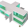 Modern Stacked Container Building Exterior With Green Glass Windows And Front Door