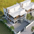 Modern Detached Villa Two Story White And Brown Exterior With Balconies Trees And Greenery
