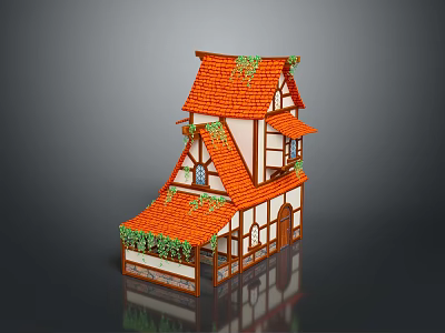Traditional Half Timbered Building With Orange Roof Ivy Decorations Small Windows And Wooden Frame 3d model
