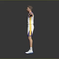 Man Standing In White Basketball Jersey With Blue Yellow Logo Arms Outstretched Gray Background