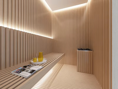 Modern SPA Sauna Interior With Wooden Slat Walls Bench Magazines Tea Cups And Tray 3d model