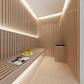 Modern SPA Sauna Interior With Wooden Slat Walls Bench Magazines Tea Cups And Tray