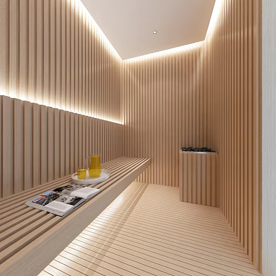 Modern SPA Sauna Interior With Wooden Slat Walls Bench Magazines Tea Cups And Tray 3d model